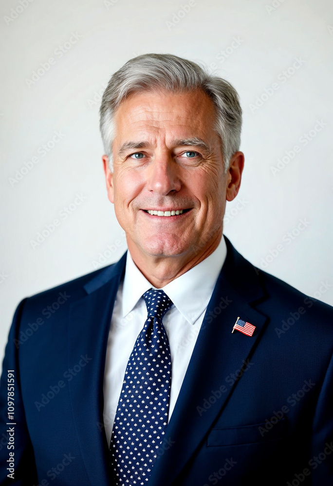 Portrait of an American male senator in formal attire with a white background.
Portrait of an American male senator in formal attire with a white background.