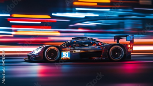 Night racing car speeding through city lights.