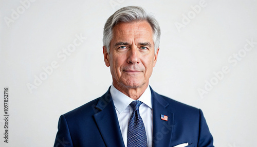 Portrait of an American male senator in formal attire with a white background.