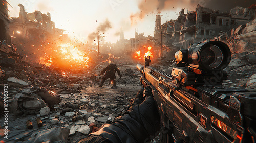 FPSゲーム、荒廃した都市での戦闘シーン