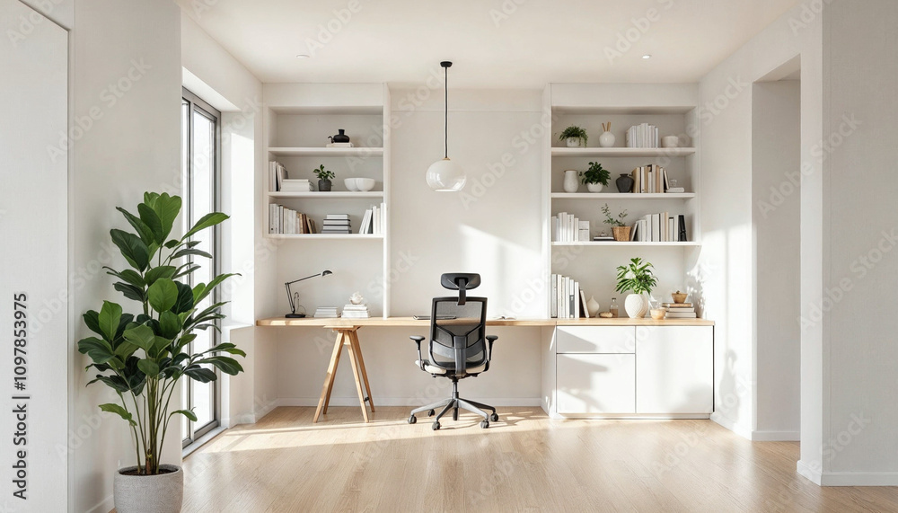Minimalist study room with modern design, integrated bookshelves, and natural light.
Minimalist study room with modern design, integrated bookshelves, and natural light.