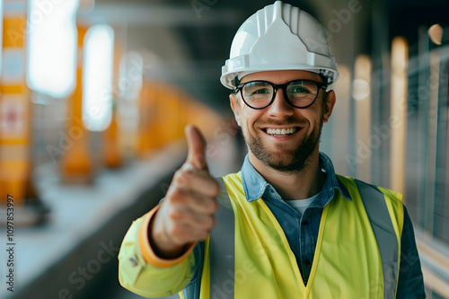 Wallpaper Mural Smiling professional engineer in hard hat showing thumb up Torontodigital.ca