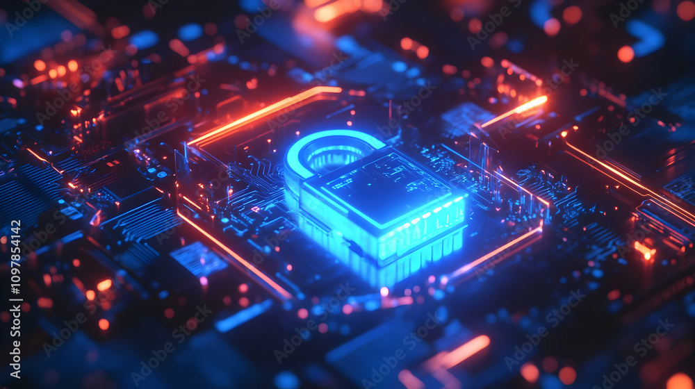 A futuristic glowing cube design embedded in a digital circuit grid, representing secure data flow A futuristic glowing cube design embedded in a digital circuit grid, representing secure data flow