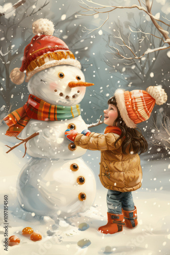 Obraz na płótnie Little Girl Building a Snowman w salonie
