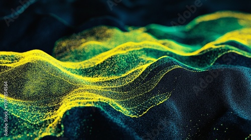 Abstract grainy texture with vibrant yellow and green glowing gradient shapes over a black background, perfect for posters or wallpapers