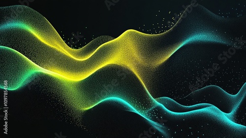 Abstract grainy texture with vibrant yellow and green glowing gradient shapes over a black background, perfect for posters or wallpapers