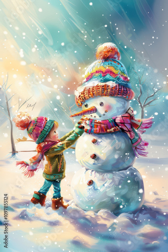 Little Girl Building a Snowman