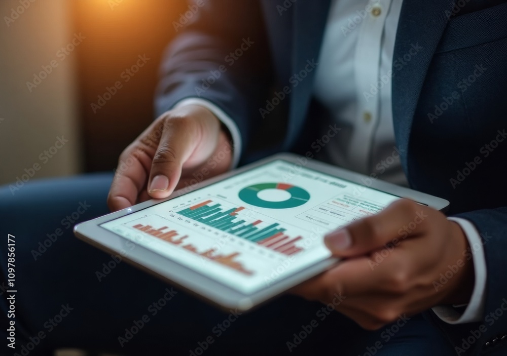 Business professional analyzes data on tablet in a modern setting. Business professional analyzes data on tablet in a modern setting.