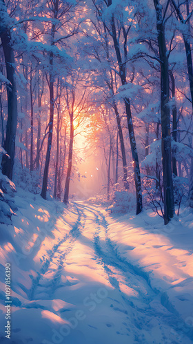 Snow-covered forest at dawn, with blue shadows cast over the snow and soft light breaking through the trees, anime style, wallpaper photo