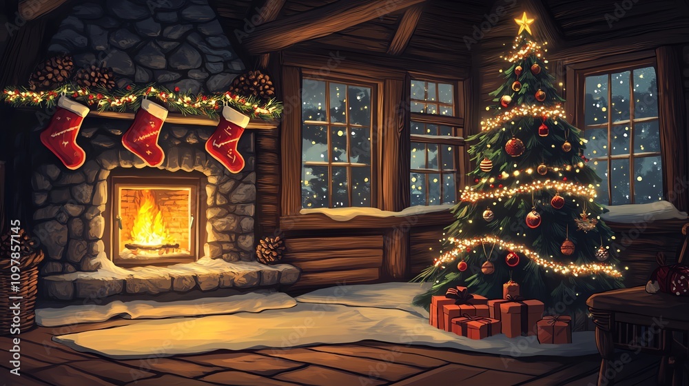 Cozy Christmas Cabin with Fireplace and Tree Cozy Christmas Cabin with Fireplace and Tree