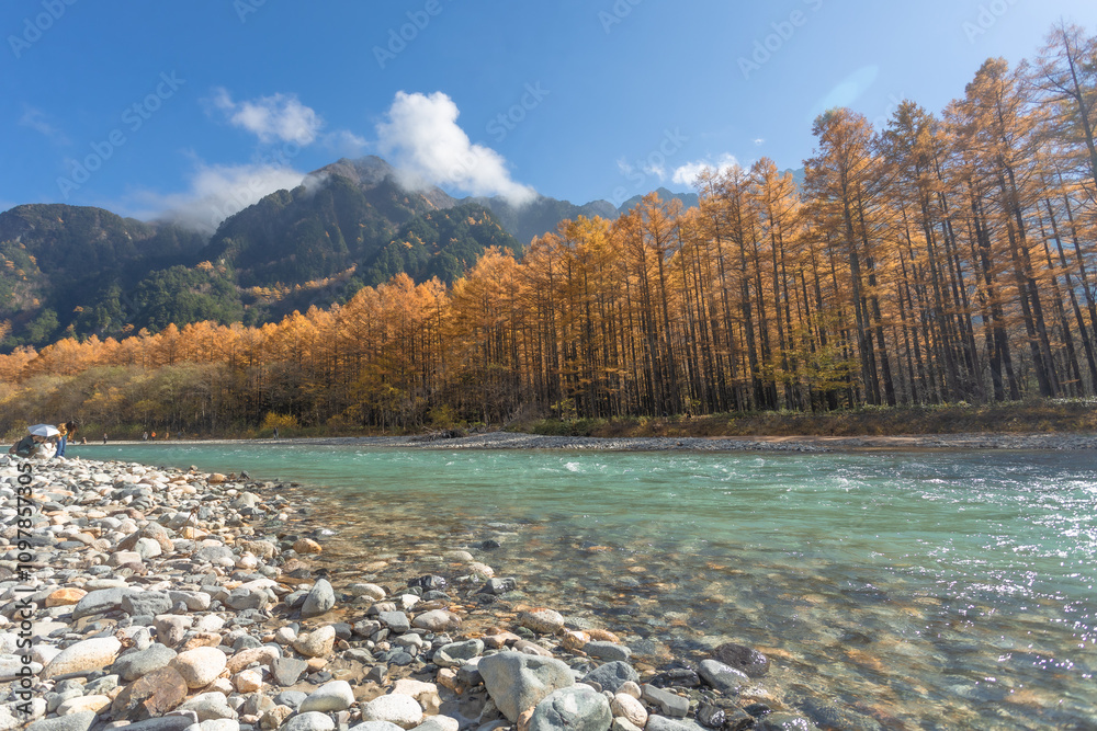 Fototapeta premium Kamikochi with beautiful mountains and a very popular touristic place for nature lovers. located in the Northern Japan Alps near Matsumoto Nagano Prefecture Japan.