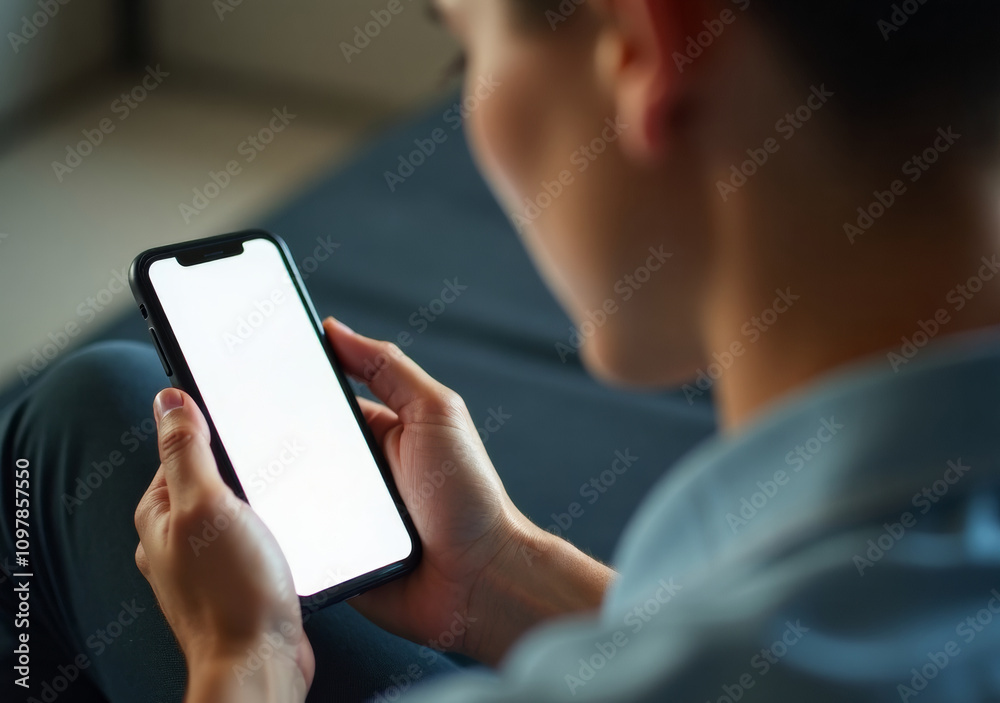 Young person engaged with smartphone while sitting comfortably indoors. Young person engaged with smartphone while sitting comfortably indoors.