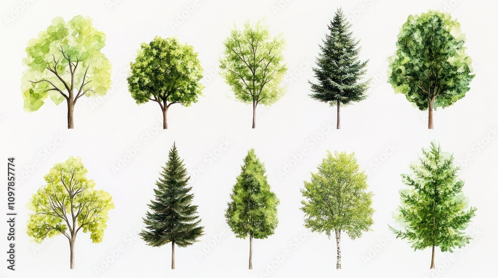 Fototapeta premium various green trees with different shapes and sizes, isolated on a white background.