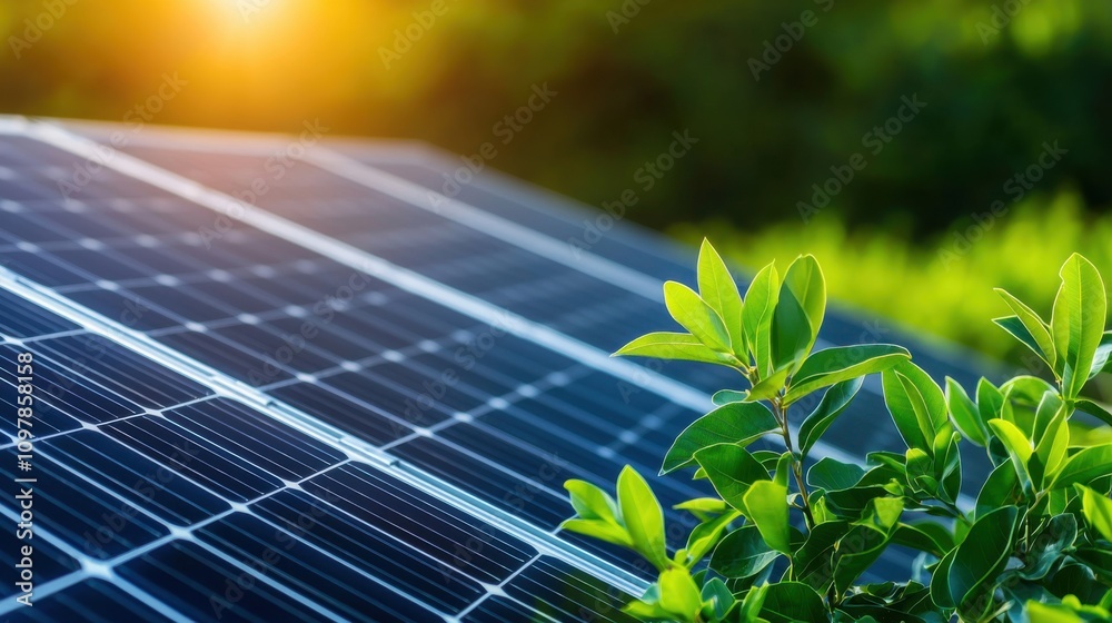 Fototapeta premium green energy alternative policy Concept. A close-up of solar panels with green leaves in the foreground, illuminated by sunlight, emphasizing renewable energy and nature's harmony.