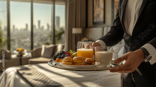 Wallpaper Mural Hotel room service waiter carrying breakfast tray with pastries, fruit, juice, and milk. Torontodigital.ca