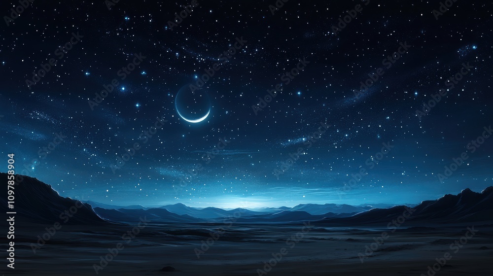 Serene Night Sky with Glowing Crescent Moon Serene Night Sky with Glowing Crescent Moon
