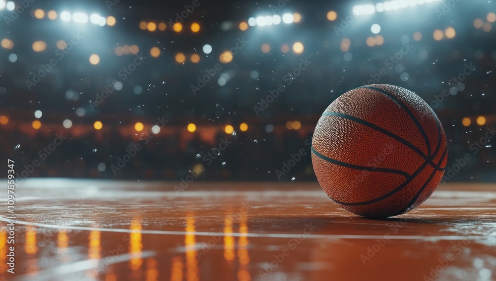 Obraz premium Basketball on the Court with Stadium Lights