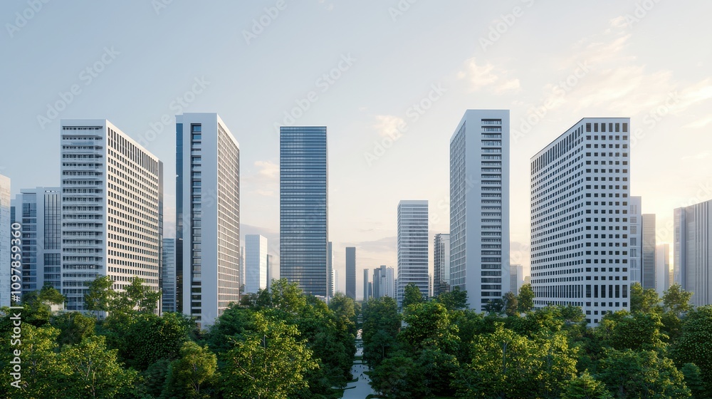 A modern cityscape featuring tall buildings surrounded by greenery, depicting a blend of nature and urban architecture under a clear sky. A modern cityscape featuring tall buildings surrounded by greenery, depicting a blend of nature and urban architecture under a clear sky.