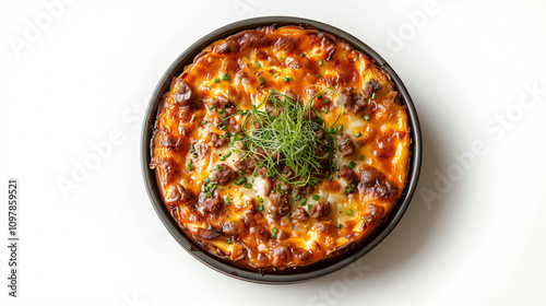 Flavorful bobotie with seasoned meat and a golden crust garnished with fresh herbs in a black bowl on a white background photo