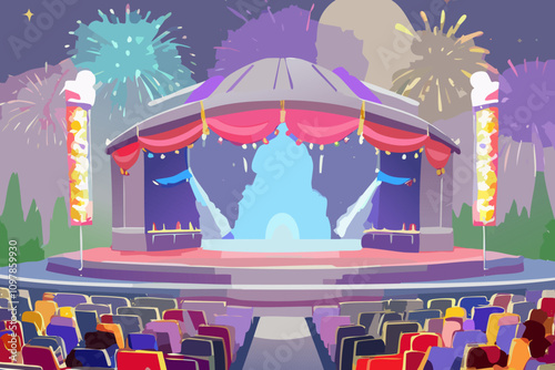 Illustration of a circus tent at night with fireworks in the background