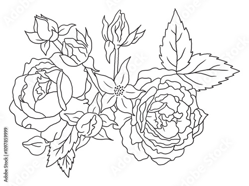 Beautiful black-and-white rose illustration with fine details, ideal for coloring books. Great for art enthusiasts, floral lovers, and creative projects.