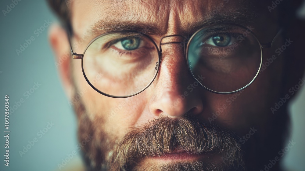Close-up portrait of a man with glasses and a beard, conveying intensity and thoughtfulness.