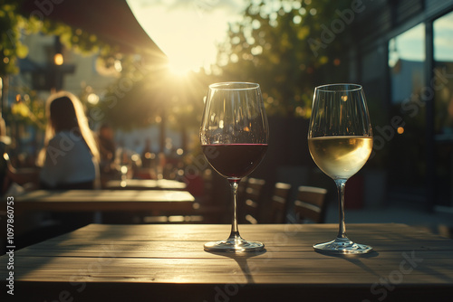 outdoor beer garden restaurant bar with red and white wine glasses people in golden hour sunshine	 photo