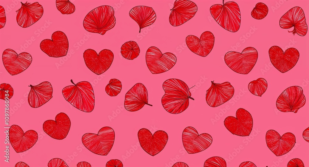 Red Heart pattern hand drawn design on Pink background illustration