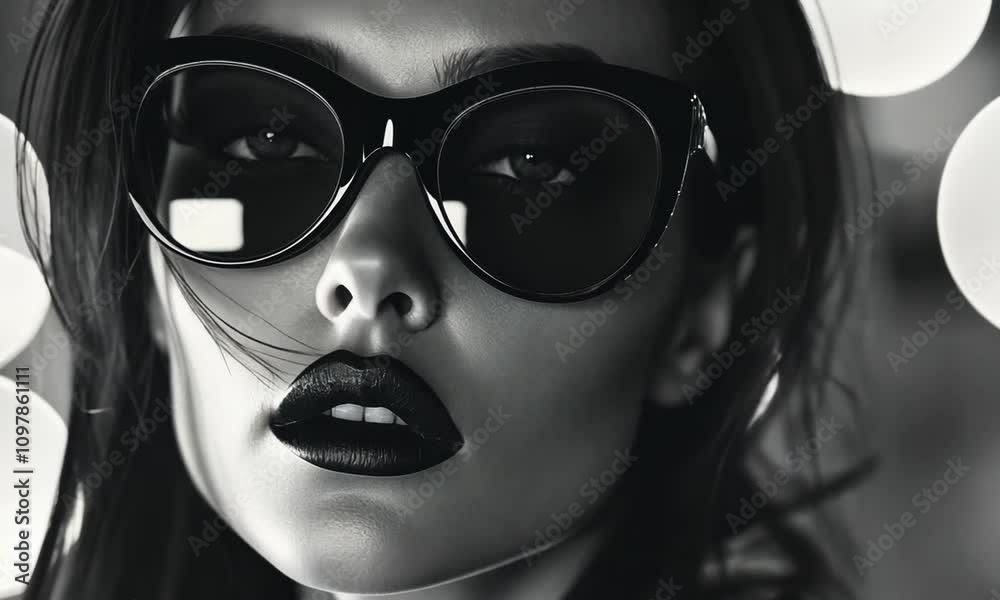 Monochrome portrait of a woman with dark sunglasses and bold lipstick. Monochrome portrait of a woman with dark sunglasses and bold lipstick.