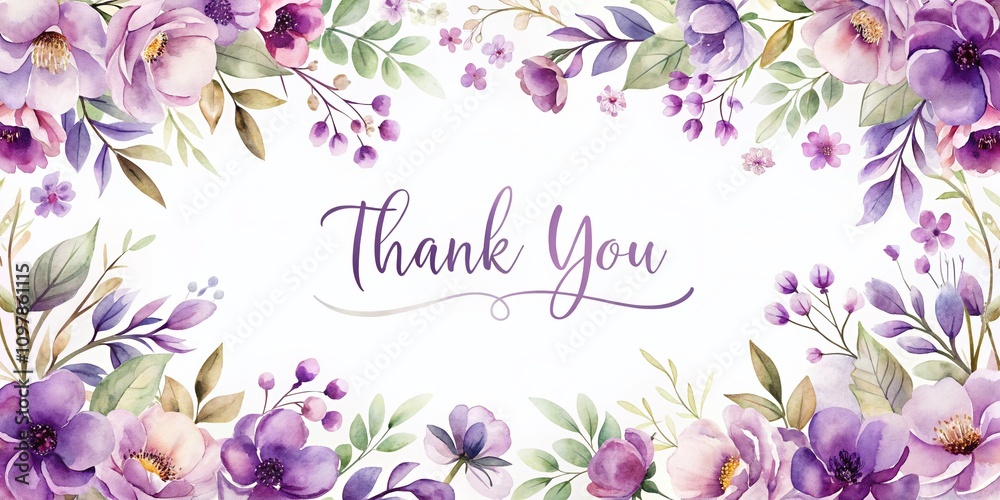 Elegant Thank You Card Design Featuring a Purple Flower Border in Watercolor Style, Perfect for Expressing Gratitude and Celebrating Special Occasions Elegant Thank You Card Design Featuring a Purple Flower Border in Watercolor Style, Perfect for Expressing Gratitude and Celebrating Special Occasions