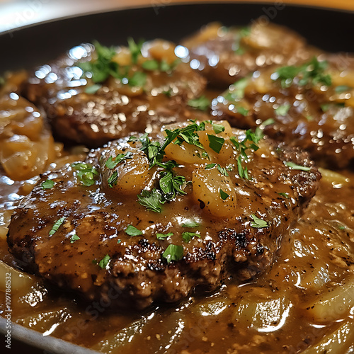 Juicy hamburger steaks topped with savory onion gravy and fresh herbs, served in skillet. Perfect for hearty meal that delights senses