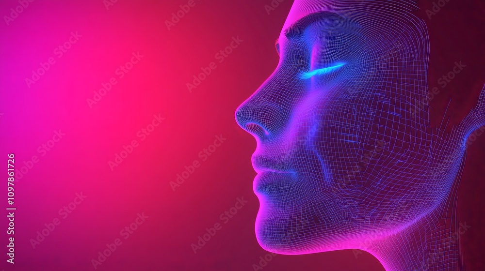 Minimalistic neon side portrait of a man with glowing digital grid patterns on his skin representing technological innovation and human connection in a futuristic environment
