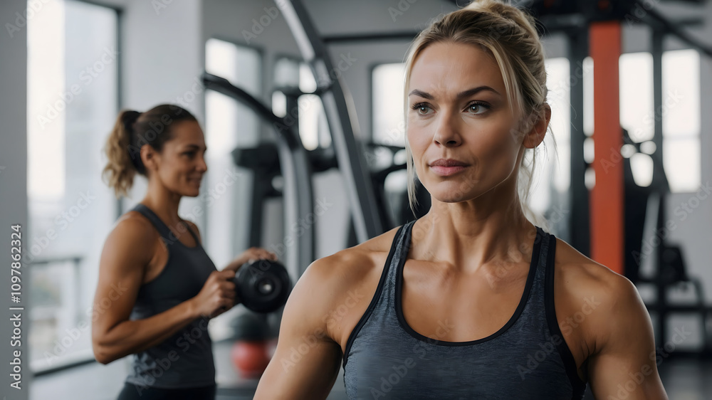 Empowered Woman Exercising in the Gym with Weights for a Healthy Lifestyle Empowered Woman Exercising in the Gym with Weights for a Healthy Lifestyle