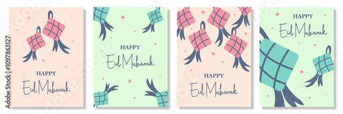 Set of creative Ramadan Kareem, Eid Mubarak, Eid al Adha, and Eid al Fitr vector illustration with ketupat, star, pink and green color background for banner, greeting card, poster, social media.