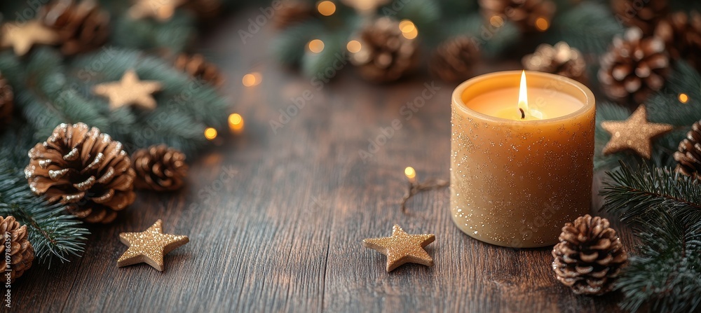 Christmas background featuring stars, pine cones, and a charming candle centerpiece. Christmas background featuring stars, pine cones, and a charming candle centerpiece.