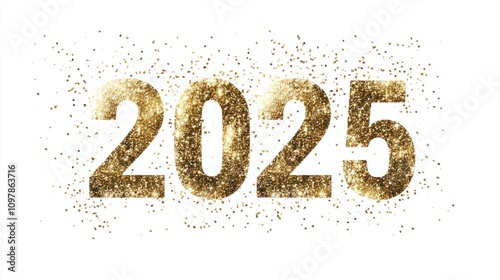 Bold golden "2025" in glitter texture, with light sparkles scattered against a minimalist white background