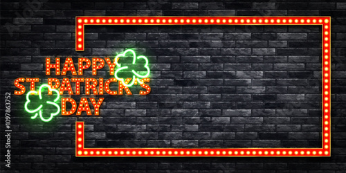 Vector neon sign of St. Patrick's Day frame with neon alphabet and billboards isolated on wall background.