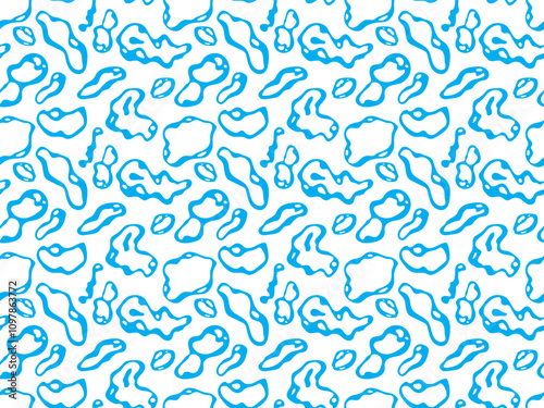 Seamless pattern made of hand drawn blue curvy maculas (spots). Abstraction. White background (backdrop). Vector illustration.