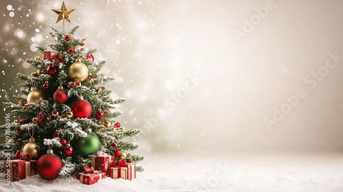 Christmas tree and decorations. Christmas banner with christmas tree and gifts on snowy background