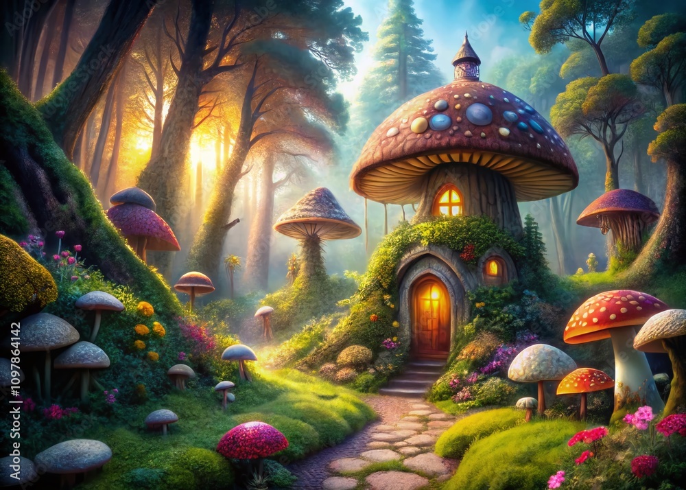 Fototapeta premium Enchanted Mushroom House Surrounded by Mystical Forest Creatures and Vibrant Flora in a Surreal Fantasy Landscape with High Depth of Field for Dreamlike Imagery