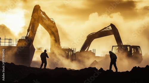 construction workers operating heavy machinery, with dust clouds swirling around them. The scene conveys a sense of urgency photo