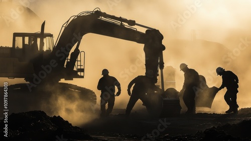 construction workers operating heavy machinery, with dust clouds swirling around them. The scene conveys a sense of urgency photo