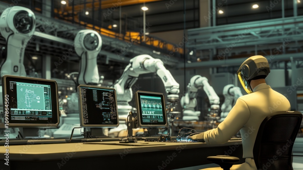 Fototapeta premium Engineer manager observing multiple robotic arms engaged in welding operations, while seated at a control desk filled with advanced monitoring software.