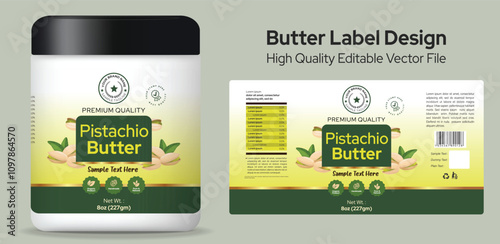 Pistachio Butter Label Design with Natural and Elegant Elements Jar Mockup Modern and Premium Food Packaging Vector Illustration Editable Template File