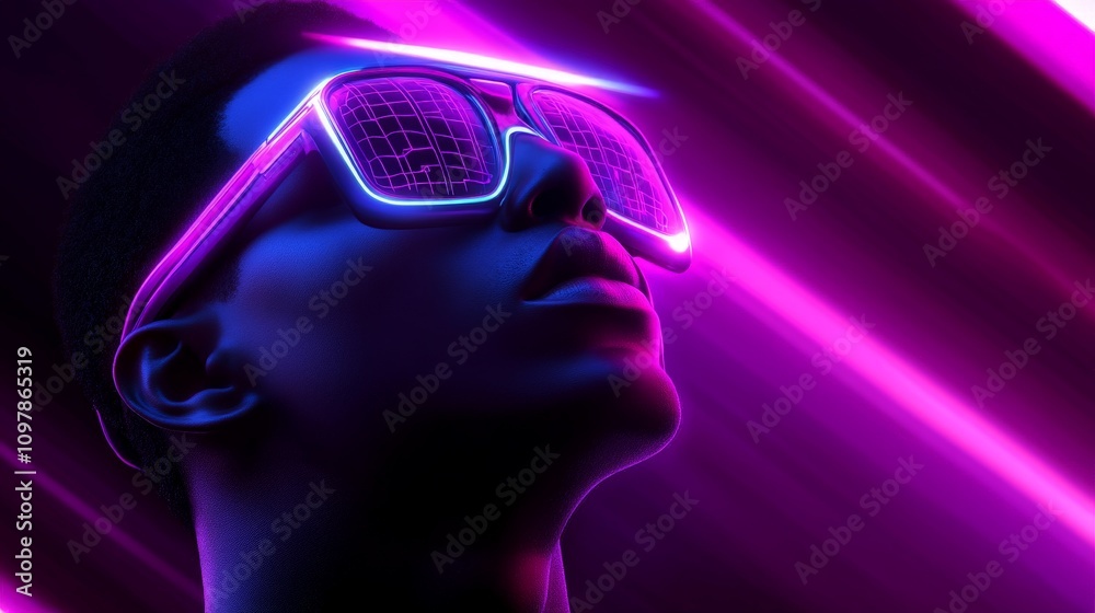 Stylish young woman with glowing neon glasses and pink light streaks in the background symbolizing futuristic fashion digital youth culture and vibrant individuality Stylish young woman with glowing neon glasses and pink light streaks in the background symbolizing futuristic fashion digital youth culture and vibrant individuality