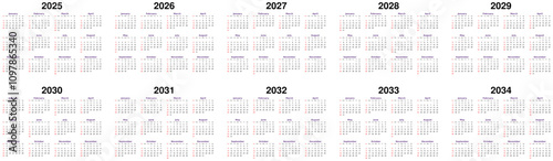Ten year set of calendars - 2025, 2026, 2027, 2028, 2029, 2030, 2031, 2032, 2033 and 2034 in white background.	