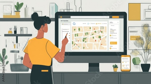 A marketer updating the restaurant location details on Google My Business, double-checking the address, with a desktop screen displaying the interface photo