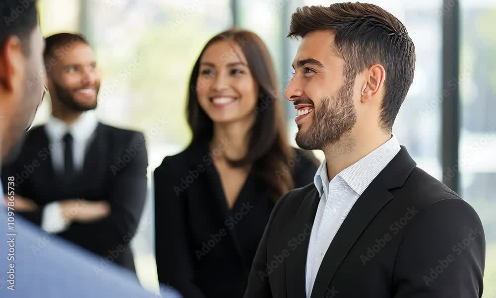 Animation of Several business people in suits are talking, smiling, and interacting
