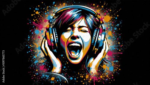 Vibrant pop art of a woman wearing headphones, shouting with energy and splashes of colorful paint on a black background