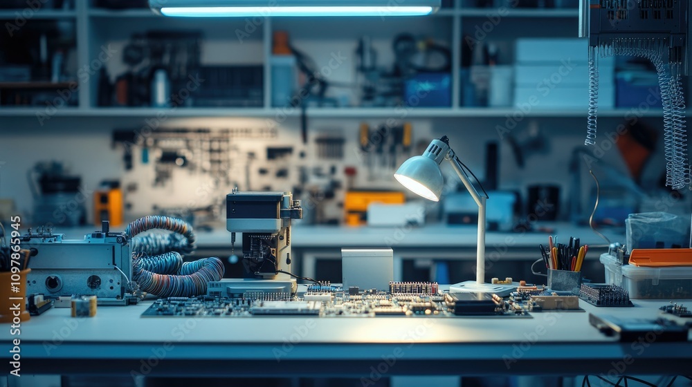 A modern electrician's workshop showing a circuit board assembly area with high-quality tools, wire reels, and a magnifying lamp for precision A modern electrician's workshop showing a circuit board assembly area with high-quality tools, wire reels, and a magnifying lamp for precision